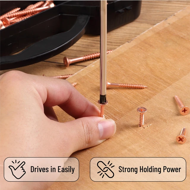 Alt view image 4 of 7 - Wood Screws Assortment Kit, 456 pcs, Rose Gold, Phillips Head 6 Sizes (2, 1-1/2, 1-1/4, 1, 3/4, 1/2), Durable Assorted Wood Screws for Woodworking & Household, Storage Box Included