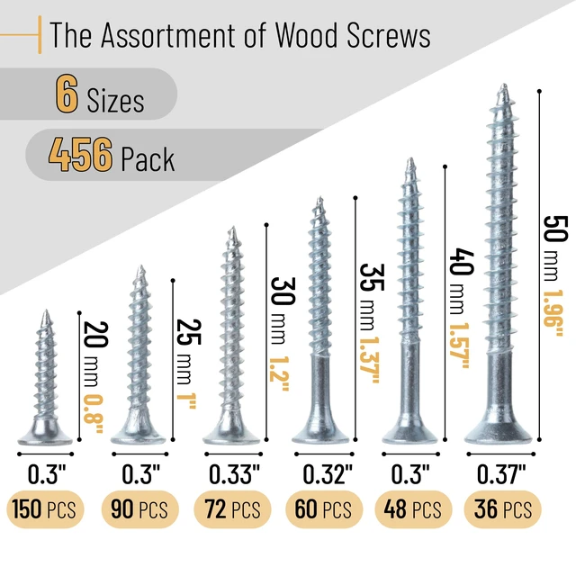 Alt view image 2 of 6 - Wood Screws Assortment Kit, 456 pcs, Silver, Phillips Flat Head 6 Sizes (2, 1-1/2, 1-1/4, 1, 3/4, 1/2), Durable Assorted Wood Screws for Woodworking & Household, Storage Box Included