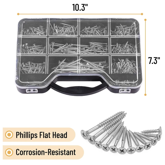 Alt view image 3 of 6 - Wood Screws Assortment Kit, 456 pcs, Silver, Phillips Flat Head 6 Sizes (2, 1-1/2, 1-1/4, 1, 3/4, 1/2), Durable Assorted Wood Screws for Woodworking & Household, Storage Box Included