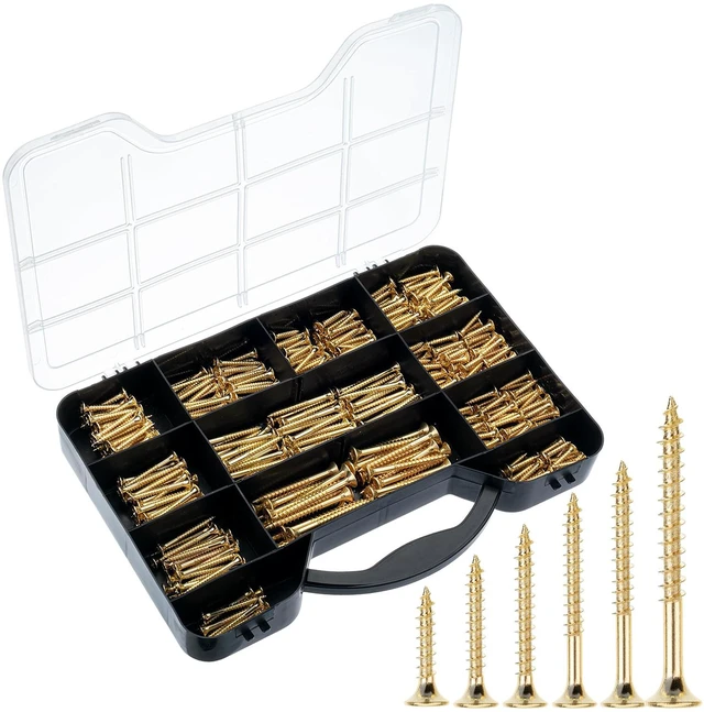Main image of Wood Screws Assortment Kit, 456 pcs, Gold, Phillips Flat Head 6 Sizes (2, 1-1/2, 1-1/4, 1, 3/4, 1/2), Durable Assorted Wood Screws for Woodworking & Household, Storage Box Included
