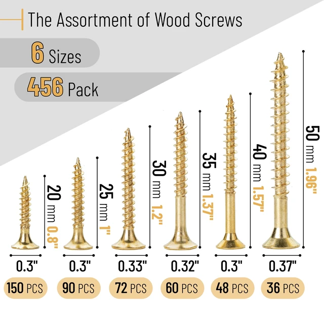 Alt view image 2 of 6 - Wood Screws Assortment Kit, 456 pcs, Gold, Phillips Flat Head 6 Sizes (2, 1-1/2, 1-1/4, 1, 3/4, 1/2), Durable Assorted Wood Screws for Woodworking & Household, Storage Box Included