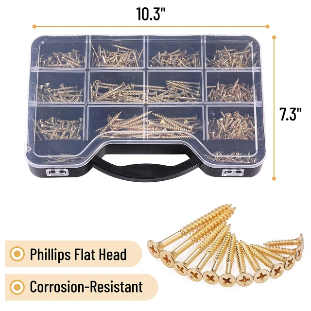Alt view image 3 of 6 - Wood Screws Assortment Kit, 456 pcs, Gold, Phillips Flat Head 6 Sizes (2, 1-1/2, 1-1/4, 1, 3/4, 1/2), Durable Assorted Wood Screws for Woodworking & Household, Storage Box Included