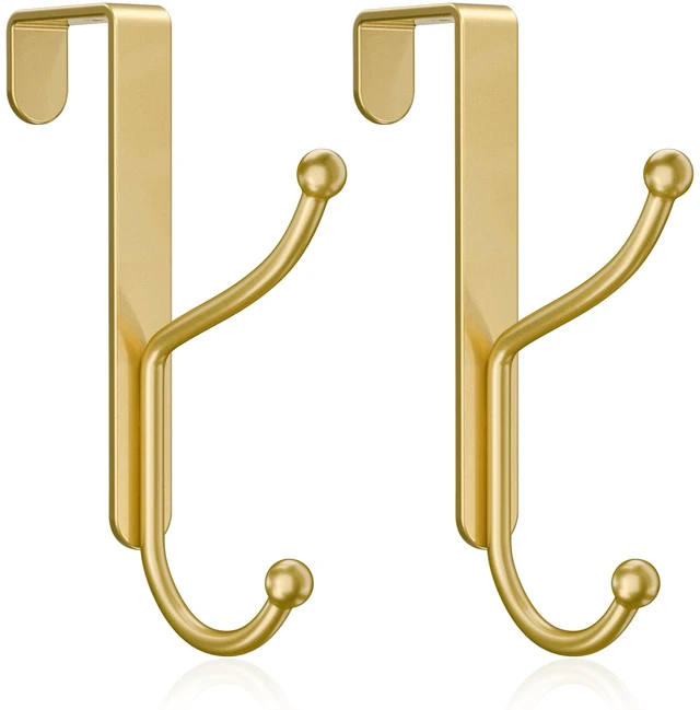 Main image of Over Door Hook 2-Pack, Heavy Duty Door Hanger, Fits Interior Doors 1.4 Inches Thick, Organize Coats, Hats, Towels, and Bags for Entryways, Bathrooms, Bedrooms, and Kitchens, Gold