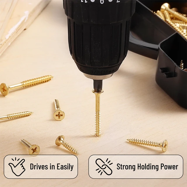 Alt view image 4 of 6 - Wood Screws Assortment Kit, 456 pcs, Gold, Phillips Flat Head 6 Sizes (2, 1-1/2, 1-1/4, 1, 3/4, 1/2), Durable Assorted Wood Screws for Woodworking & Household, Storage Box Included