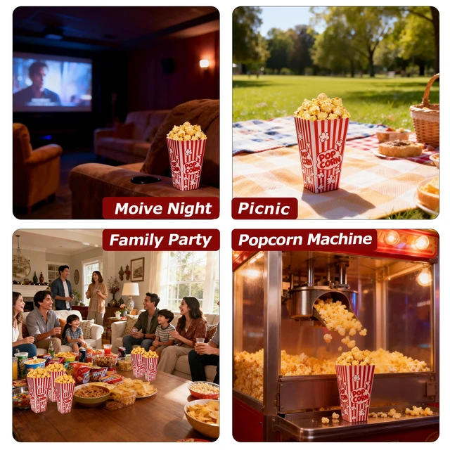 Alt view image 4 of 5 - 20 Pack Plastic Popcorn Containers, Reusable Popcorn Boxes 7.5" Tall and 3.6" Square Popcorn Buckets, For Popcorn Machine, Movie Night, Party, Carnival, Home, Concessions