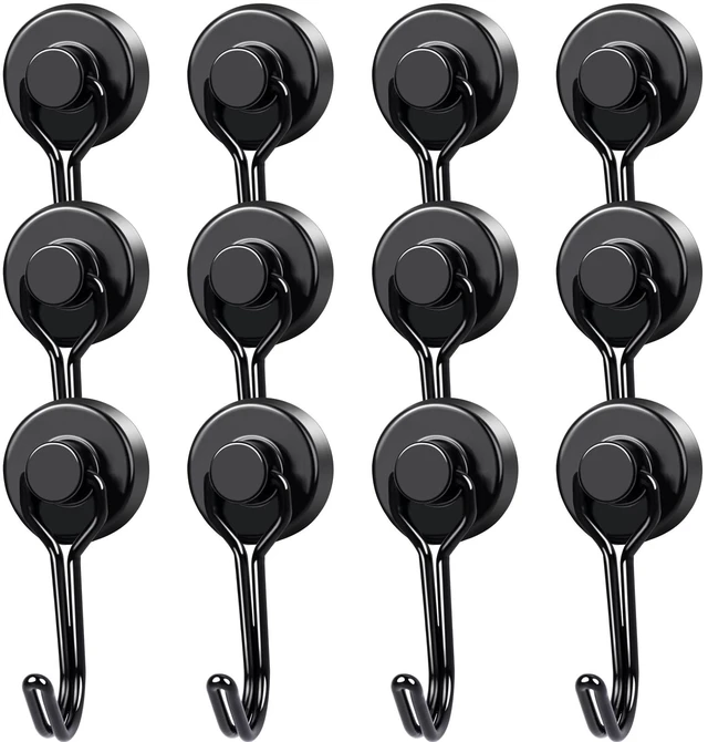 Main image of Magnetic Hooks 12 Pack 40Lbs Heavy Duty Neodymium Magnet Hooks Black Magnetic Swivel Hooks for Hanging Rust Proof Strong Magnets with Hook Magnetic Metal Hanger for Storage