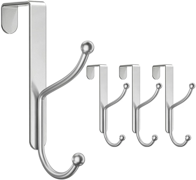 Main image of Over Door Hook 4-Pack, Heavy Duty Door Hanger, Fits Interior Doors 1.4 Inches Thick, Organize Coats, Hats, Towels, and Bags for Entryways, Bathrooms, Bedrooms, and Kitchens, Silver