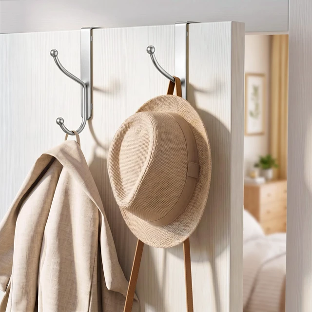 Alt view image 2 of 7 - Over Door Hook 4-Pack, Heavy Duty Door Hanger, Fits Interior Doors 1.4 Inches Thick, Organize Coats, Hats, Towels, and Bags for Entryways, Bathrooms, Bedrooms, and Kitchens, Silver