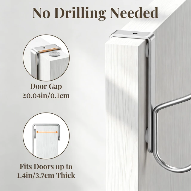 Alt view image 3 of 7 - Over Door Hook 4-Pack, Heavy Duty Door Hanger, Fits Interior Doors 1.4 Inches Thick, Organize Coats, Hats, Towels, and Bags for Entryways, Bathrooms, Bedrooms, and Kitchens, Silver