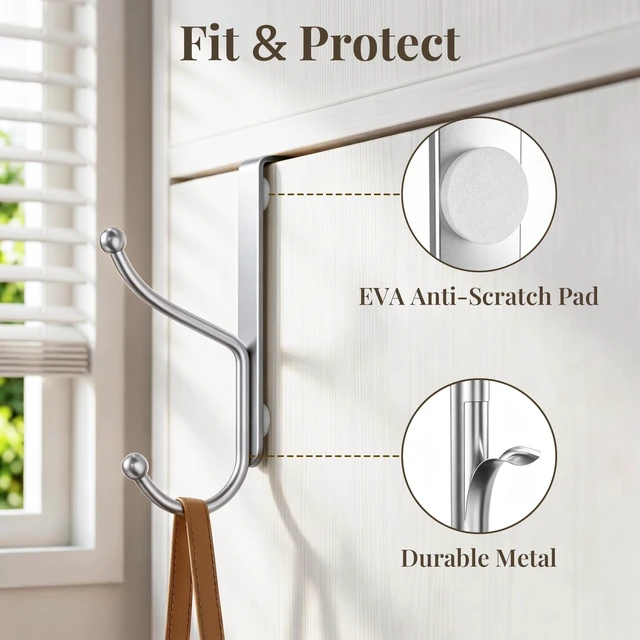 Alt view image 4 of 7 - Over Door Hook 4-Pack, Heavy Duty Door Hanger, Fits Interior Doors 1.4 Inches Thick, Organize Coats, Hats, Towels, and Bags for Entryways, Bathrooms, Bedrooms, and Kitchens, Silver