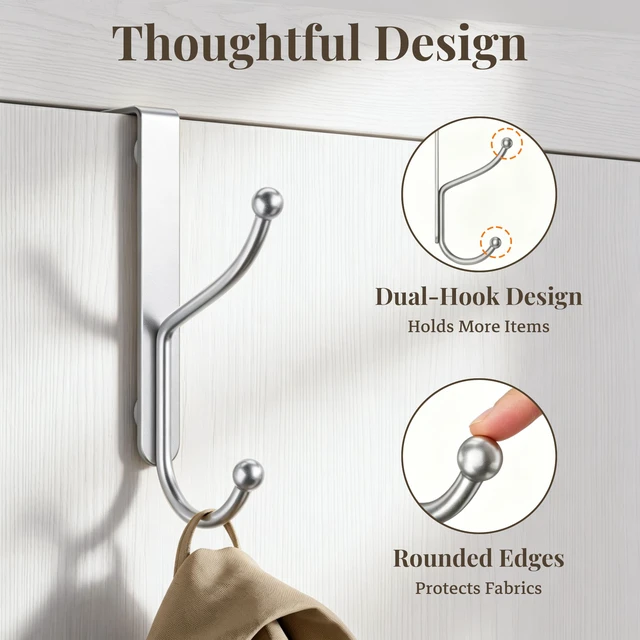 Alt view image 6 of 7 - Over Door Hook 4-Pack, Heavy Duty Door Hanger, Fits Interior Doors 1.4 Inches Thick, Organize Coats, Hats, Towels, and Bags for Entryways, Bathrooms, Bedrooms, and Kitchens, Silver