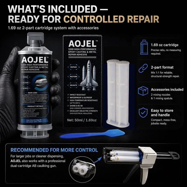 Alt view image 7 of 7 - S300 Structural Metal Epoxy for Aluminum & Steel 2-Pack 3.38 oz 2-Part Cold-Weld Metal Glue; Rigid Load-Bearing Repair; Waterproof, Oil & 392°F Heat Resistant; 30-Min Work Time; Drillable