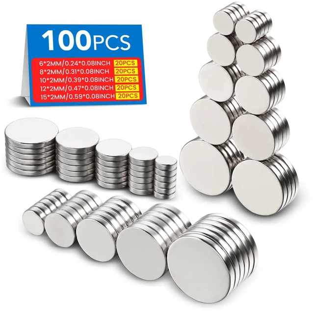 Main image of Small Refrigerator Magnets, 100Pcs Round Rare Earth Magnet, 5 Sizes Mini Tiny Neodymium Strong Magnets for Crafts, DIY, Fridge, Miniatures, Whiteboard, Office, Kitchen, Dry Erase Board