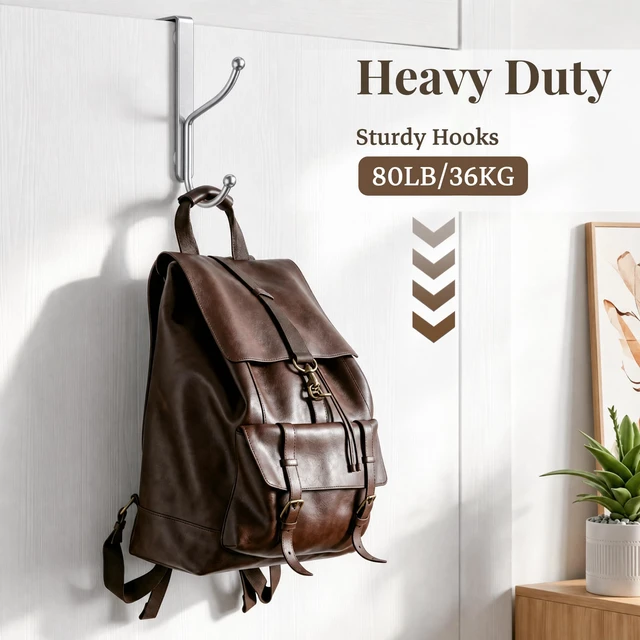 Alt view image 7 of 7 - Over Door Hook 4-Pack, Heavy Duty Door Hanger, Fits Interior Doors 1.4 Inches Thick, Organize Coats, Hats, Towels, and Bags for Entryways, Bathrooms, Bedrooms, and Kitchens, Silver