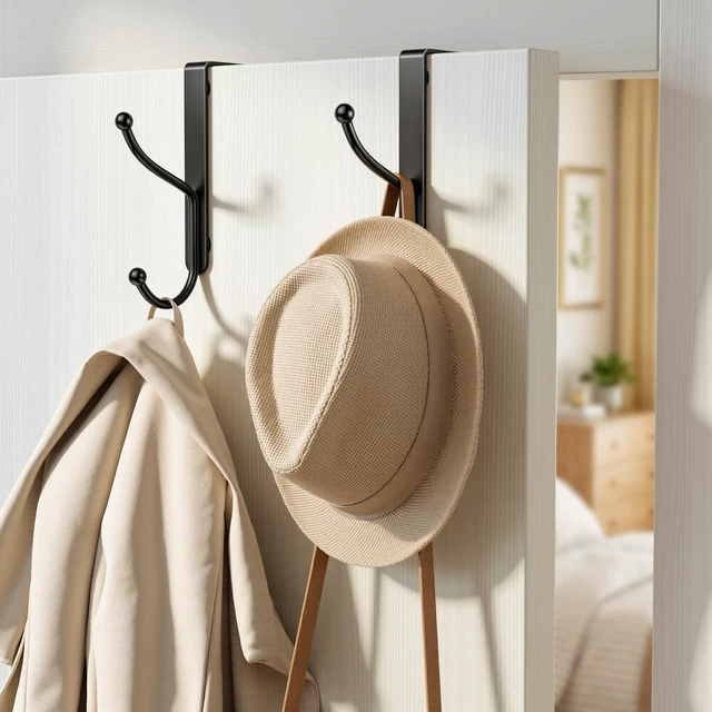 Alt view image 2 of 7 - Over Door Hook 4-Pack, Heavy Duty Door Hanger, Fits Interior Doors 1.4 Inches Thick, Organize Coats, Hats, Towels, and Bags for Entryways, Bathrooms, Bedrooms, and Kitchens, Black