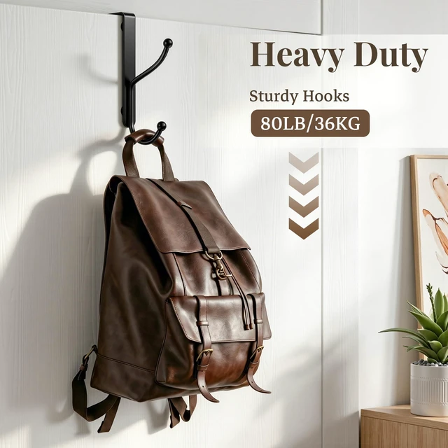 Alt view image 3 of 7 - Over Door Hook 4-Pack, Heavy Duty Door Hanger, Fits Interior Doors 1.4 Inches Thick, Organize Coats, Hats, Towels, and Bags for Entryways, Bathrooms, Bedrooms, and Kitchens, Black