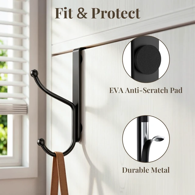 Alt view image 5 of 7 - Over Door Hook 4-Pack, Heavy Duty Door Hanger, Fits Interior Doors 1.4 Inches Thick, Organize Coats, Hats, Towels, and Bags for Entryways, Bathrooms, Bedrooms, and Kitchens, Black
