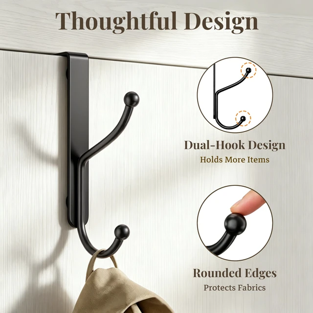 Alt view image 6 of 7 - Over Door Hook 4-Pack, Heavy Duty Door Hanger, Fits Interior Doors 1.4 Inches Thick, Organize Coats, Hats, Towels, and Bags for Entryways, Bathrooms, Bedrooms, and Kitchens, Black