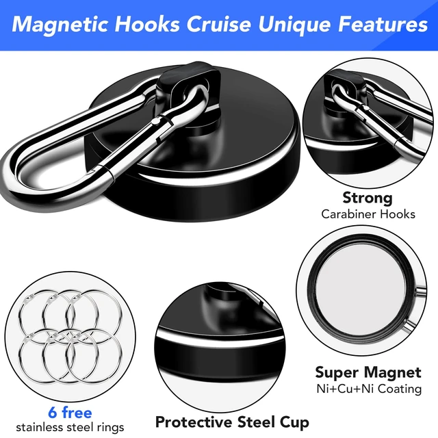 Alt view image 4 of 7 - Magnetic Hooks 150 LBS Strong Magnets Cruise 6Pack Magnet with Hook Heavy Duty Kitchen Essentials Neodymium Extra Carabiner Super Locker Ship For Hanging Cabin Swivel Imanes Fuertes Black