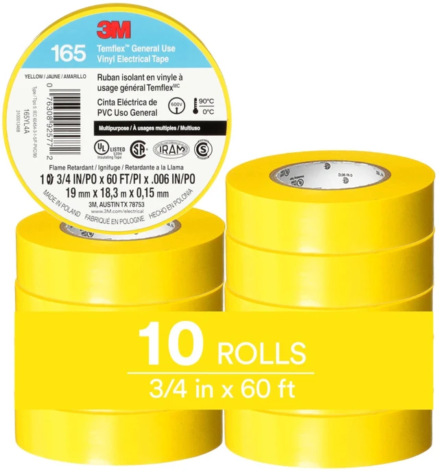 Main image of Temflex Vinyl Electrical Tape 165, 3/4 in x 60 ft, Yellow, 10 Roll Pack Multi-Purpose, 19 mm x 18 m