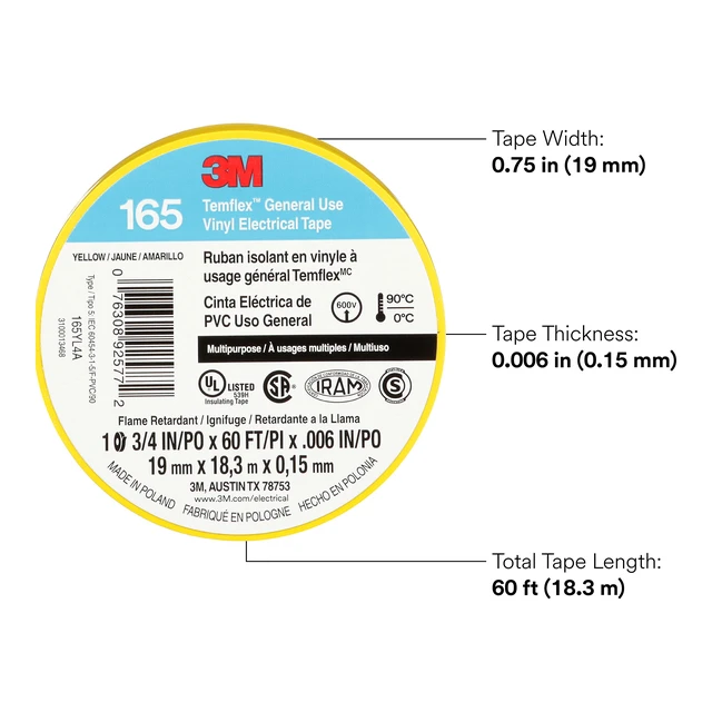 Alt view image 2 of 6 - Temflex Vinyl Electrical Tape 165, 3/4 in x 60 ft, Yellow, 10 Roll Pack Multi-Purpose, 19 mm x 18 m