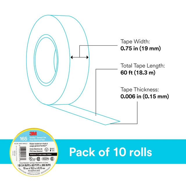 Alt view image 4 of 6 - Temflex Vinyl Electrical Tape 165, 3/4 in x 60 ft, Yellow, 10 Roll Pack Multi-Purpose, 19 mm x 18 m