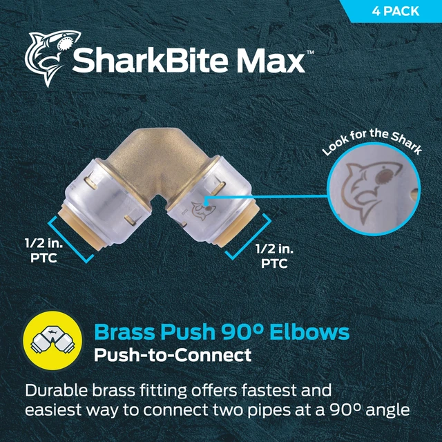 Alt view image 2 of 6 - Max 1/2 Inch 90 Degree Elbow, Pack of 4, Push to Connect Brass Plumbing Fitting, PEX Pipe, Copper, CPVC, PE-RT, HDPE, UR248A4