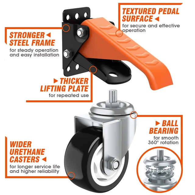 Alt view image 2 of 7 - Workbench Casters Wheels Kit Retractable Casters Set of 4, 880Lbs 3" extra heavy duty side mount lifting caster, adjustable stepdown castors 4-pack for table, work bench leg & shop equipment