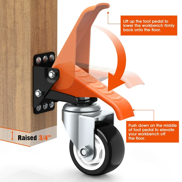 Alt view image 5 of 7 - Workbench Casters Wheels Kit Retractable Casters Set of 4, 880Lbs 3" extra heavy duty side mount lifting caster, adjustable stepdown castors 4-pack for table, work bench leg & shop equipment