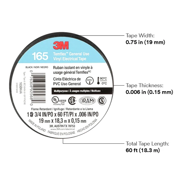 Alt view image 2 of 7 - Temflex Vinyl Electrical Tape 165, 3/4 in x 60 ft, Black, 10 Roll Pack Multi-Purpose, 19 mm x 18 m