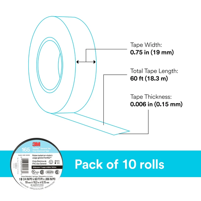 Alt view image 4 of 7 - Temflex Vinyl Electrical Tape 165, 3/4 in x 60 ft, Black, 10 Roll Pack Multi-Purpose, 19 mm x 18 m