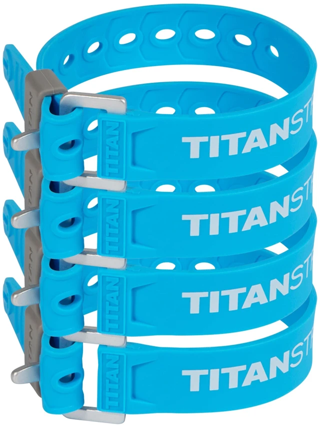 Main image of Titan Utility Straps Easy-to-Use, Reliable Tension Straps for Securing Bike & Moto Gear, Skis, Garden Hoses, Field Repairs Use in Frigid Temp 60 lb.Working Load, 14" Length, Ocean Blue, 4-Pack