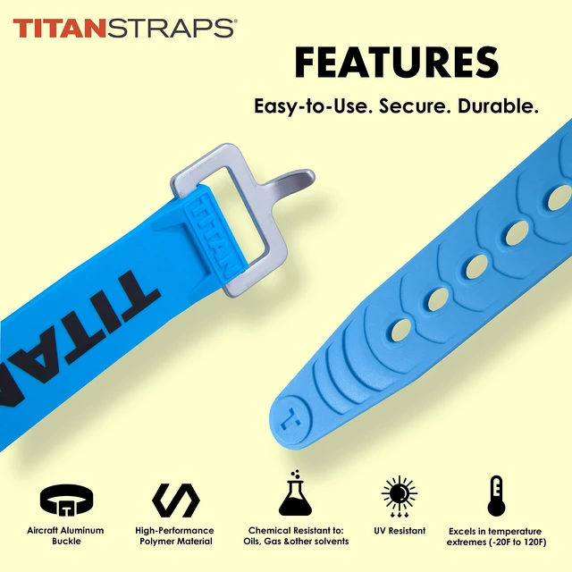 Alt view image 3 of 5 - Titan Utility Straps Easy-to-Use, Reliable Tension Straps for Securing Bike & Moto Gear, Skis, Garden Hoses, Field Repairs Use in Frigid Temp 60 lb.Working Load, 14" Length, Ocean Blue, 4-Pack