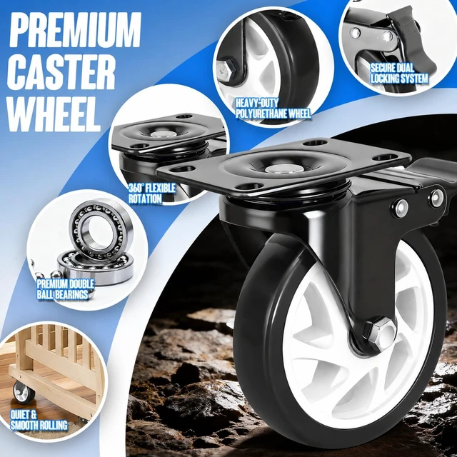 Alt view image 6 of 7 - Caster Wheels 5"Heavy Duty Caster Wheels Set of 4, Dual Lock PU Casters, Industrial Swivel Casters for Workbench, Furniture & Tool Cart Smooth, Silent & Durable