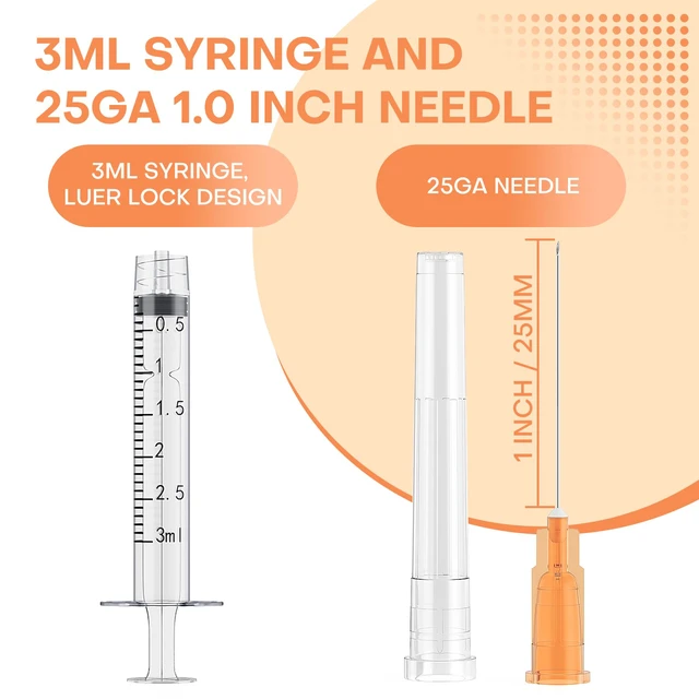 Alt view image 2 of 7 - 3ml Syringe with 25 Gauge 1" Needle, Individually Wrapped, 100Pcs Disposable Luer Lock Syringes for Lab Measuring, Industrial use