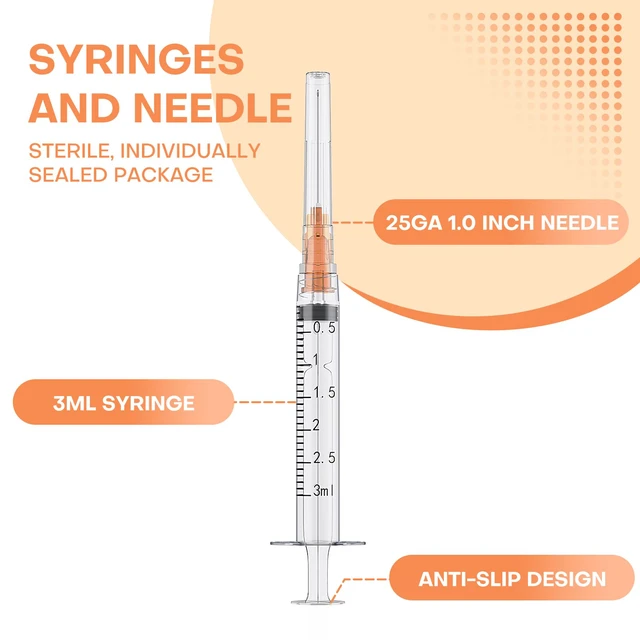 Alt view image 3 of 7 - 3ml Syringe with 25 Gauge 1" Needle, Individually Wrapped, 100Pcs Disposable Luer Lock Syringes for Lab Measuring, Industrial use