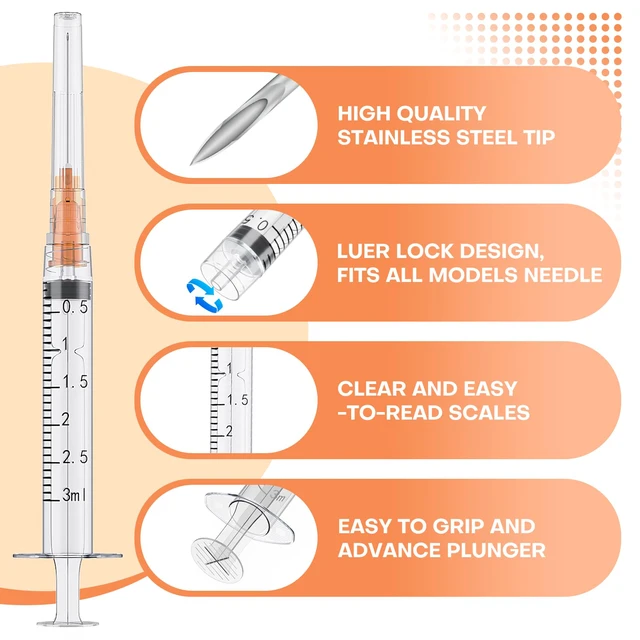 Alt view image 4 of 7 - 3ml Syringe with 25 Gauge 1" Needle, Individually Wrapped, 100Pcs Disposable Luer Lock Syringes for Lab Measuring, Industrial use