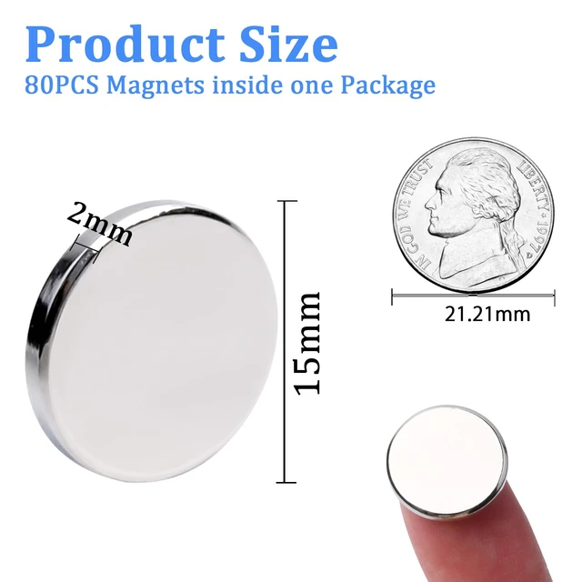 Alt view image 2 of 6 - 100PCS 15 x 2mm Strong Neodymium Magnets,Small Round Rare Earth Magnets Neodymium Disc Fridge Magnet