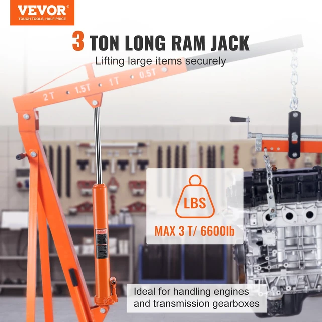 Alt view image 2 of 7 - Hydraulic Long Ram Jack, 3 Ton Engine Hoist Cylinder with Single Piston Pump and Clevis Base, for Engine Lift Hoists, Garage/Shop Cranes, Mechanical, Farm