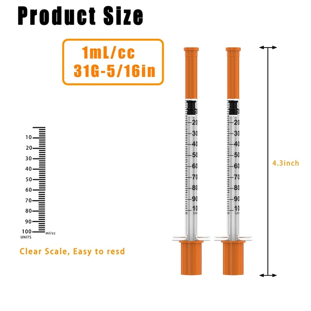 Alt view image 2 of 7 - 1ml/cc Disposable Syringe with 31Ga 5/16" (8mm) Needle U-100,(100 Pack) Individually Wrapped