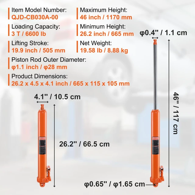 Alt view image 7 of 7 - Hydraulic Long Ram Jack, 3 Ton Engine Hoist Cylinder with Single Piston Pump and Clevis Base, for Engine Lift Hoists, Garage/Shop Cranes, Mechanical, Farm