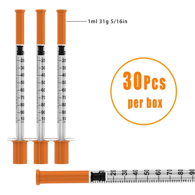 Alt view image 3 of 7 - 1ml/cc Disposable Syringe with 31Ga 5/16" (8mm) Needle U-100,(100 Pack) Individually Wrapped