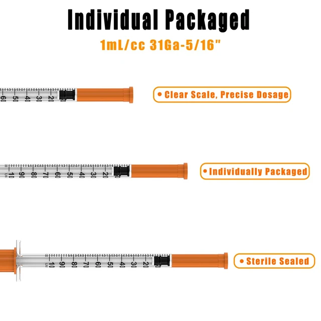Alt view image 4 of 7 - 1ml/cc Disposable Syringe with 31Ga 5/16" (8mm) Needle U-100,(100 Pack) Individually Wrapped