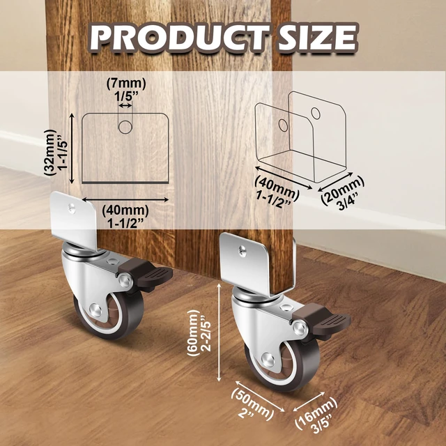 Alt view image 2 of 7 - 2 Inch Caster Wheels with 3/4 (20 mm) U Bracket, Small Rubber Casters Set of 4 with Brake, 360 Degree Ball Bearing Plate Swivel Castors Wheels, Crib Caster Wheels for Dresser, Cabinet, Desk