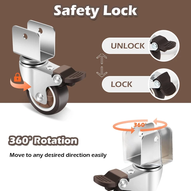 Alt view image 4 of 7 - 2 Inch Caster Wheels with 3/4 (20 mm) U Bracket, Small Rubber Casters Set of 4 with Brake, 360 Degree Ball Bearing Plate Swivel Castors Wheels, Crib Caster Wheels for Dresser, Cabinet, Desk