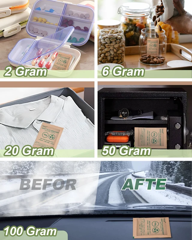 Alt view image 4 of 7 - 20g 50 pcs Kraft Clay Desiccant Packs, Food Safe Moisture absorbers Natural & Non-Toxic, Rechargeable, desiccant packs for storage, Closet, Clothes, Electronics, 3D Filament, Tools, Car