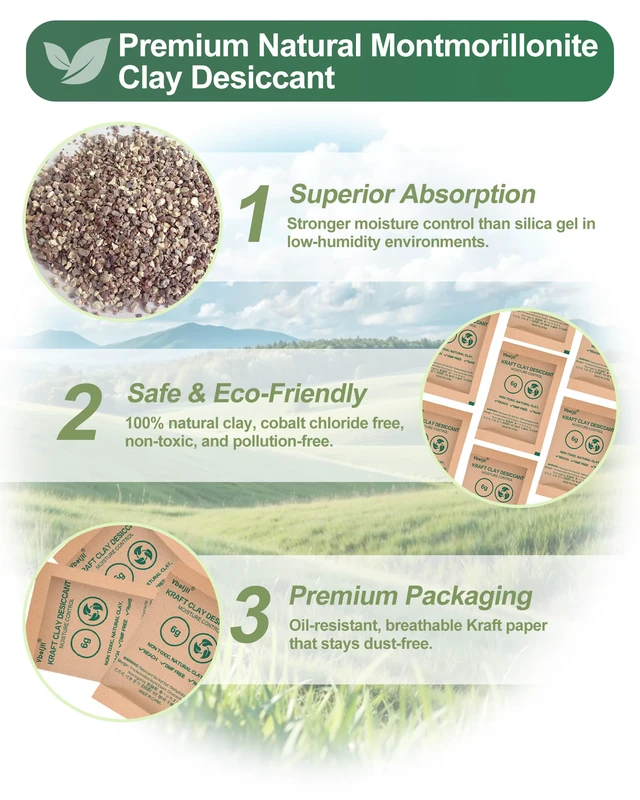 Alt view image 5 of 7 - 20g 50 pcs Kraft Clay Desiccant Packs, Food Safe Moisture absorbers Natural & Non-Toxic, Rechargeable, desiccant packs for storage, Closet, Clothes, Electronics, 3D Filament, Tools, Car