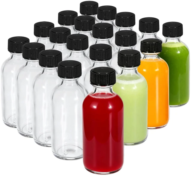 Main image of 20-Pack 2 oz (60ml) Small Glass Boston Round Bottles with Lids Leak-Proof Mini Travel Containers for Ginger Shots, Juice, Whiskey, Vanilla Extract, Samples W/Labels, Funnels & Brushes