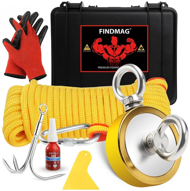 Main image of 1000 LBS Fishing Magnet, 2.95 Inch Neodymium Magnet Fishing Kit Magnet Fishing Kit Includes Neodymium Magnet, Gloves, 65 Foot Rope, Grappling Hook, Golden Magnets for Treasure Hunting