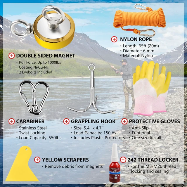 Alt view image 2 of 6 - 1000 LBS Fishing Magnet, 2.95 Inch Neodymium Magnet Fishing Kit Magnet Fishing Kit Includes Neodymium Magnet, Gloves, 65 Foot Rope, Grappling Hook, Golden Magnets for Treasure Hunting